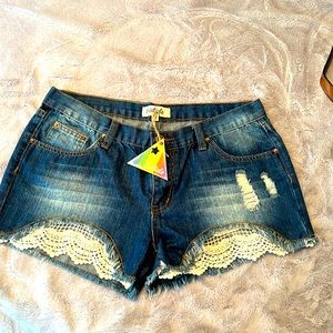 NWT Listicle Lace Distressed Blue Jean Shorts